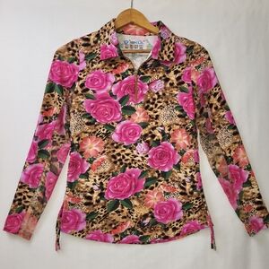 IBKUL Jovanna‎ Quarter Zip Ruched Sides Top Women's Size Small Floral Leopard